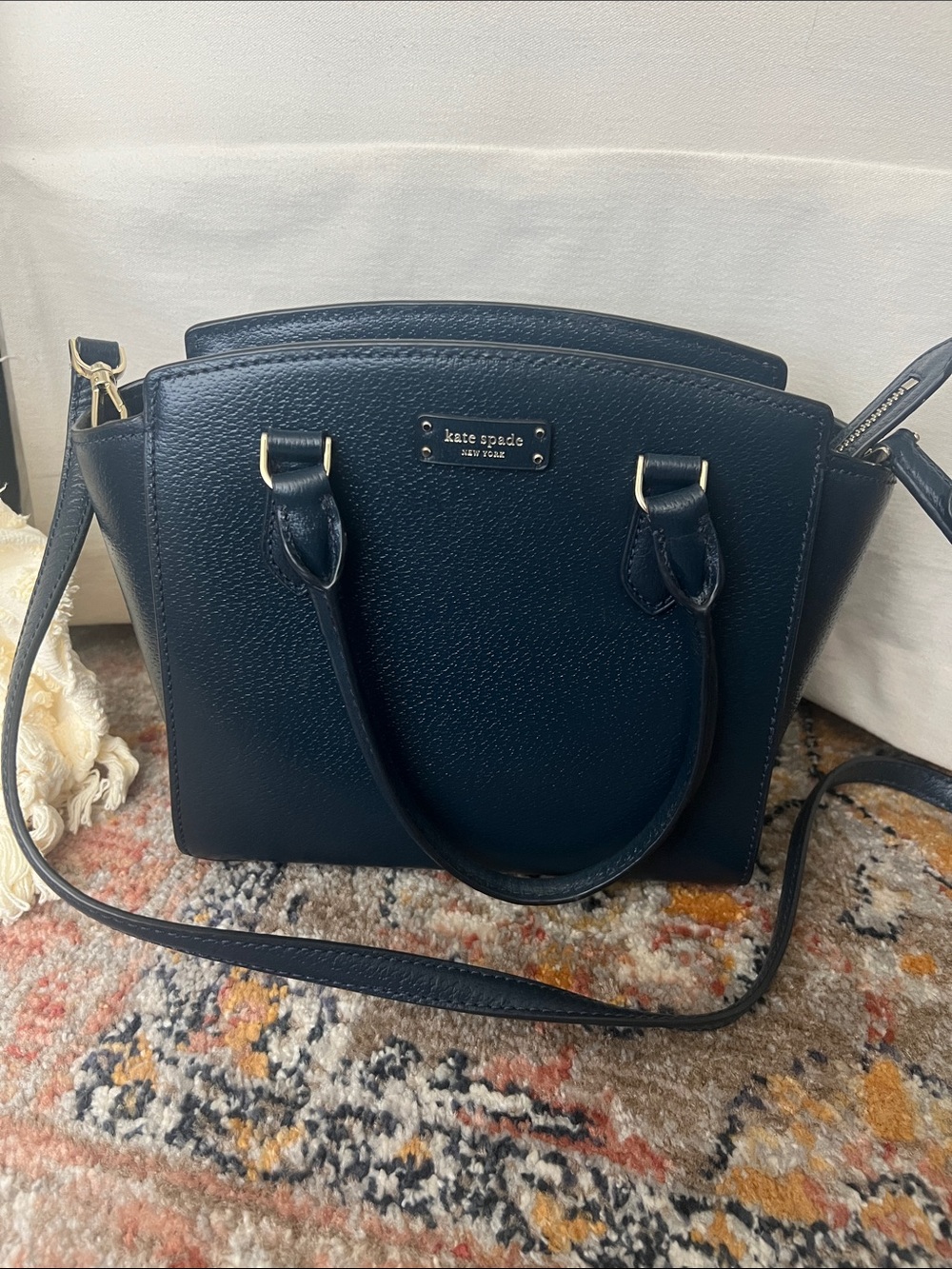 kate spade Navy Textured Leather Satchel with Gold Hardware